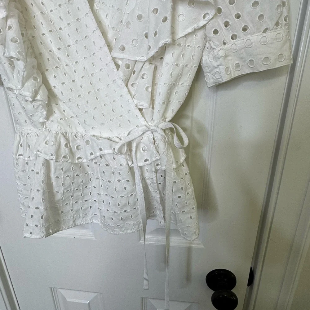 J. Crew White Puff Sleeve Wrap Blouse